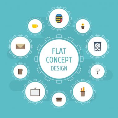 Düz simgeler kurulu Stand, beyaz tahta, bitki Pot vektör öğeleri. Çalışma alanı düz simgeler simge kümesi de içerir mektup, kahve, cetvel nesneleri.