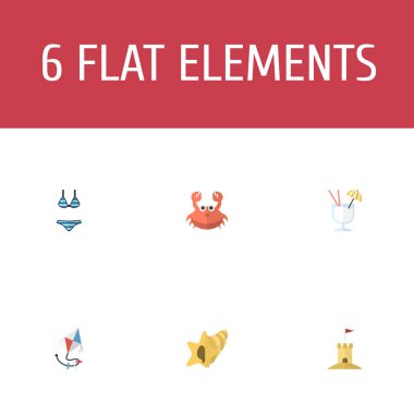 Düz simgeler sinek, Beachwear, içki ve diğer vektör öğeleri. Yaz düz simgeler simge kümesi de kabuklu, oyuncak, kabuk nesneleri içerir.