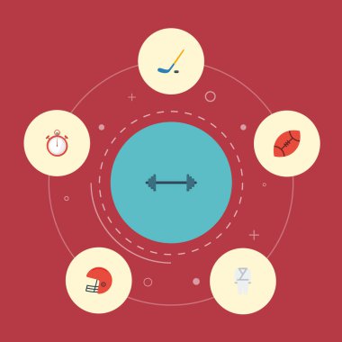 Düz simgeler Rugby, üniforma, Kettlebells ve diğer vektör öğeleri. Ayrıca hokey, sopa, ikinci nesneleri içeren küme Fitness düz simgeleri simgeleri.