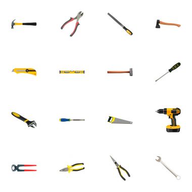 Gerçekçi Spanner, maşa, forseps ve diğer vektör öğeleri. Aletleri gerçekçi simgeler kümesi de kereste fabrikası, cetvel, keski nesneleri içerir.