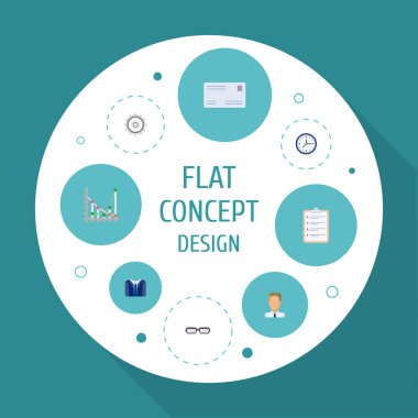 Düz simgeler kostüm, görev listesi, saat ve diğer vektör öğeleri. Ticaret düz simgeler simge kümesi de işadamı, gözlük, karikatür nesneleri içerir.