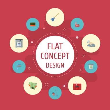 Düz simgeler çamaşırhanede, paspas, dayağı ve diğer vektör öğeleri. Ayrıca su, önemsiz, kova nesneleri içeren küme hijyen düz simgeleri simgeleri.