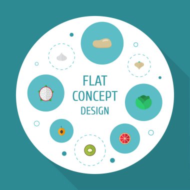 Düz simgeler sarımsak, egzotik tatlı, Kuru soğan ve diğer vektör öğeleri. Düz simgeler simge kümesi de Kivi, portakal, karnabahar nesneleri içerir.