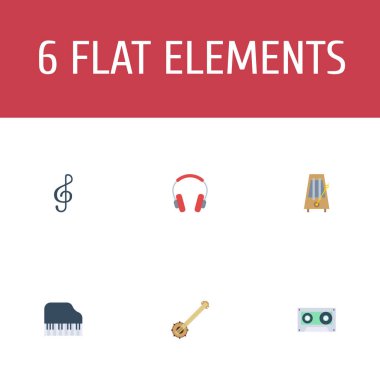Düz simgeler Banjo, kulaklık, Octave klavye ve diğer vektör öğeleri. Ayrıca nota anahtarı, ritim, kulaklık nesneleri içeren küme melodi düz simgeleri simgeleri.
