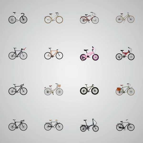 现实的老，竞争自行车，折叠运动周期和其他向量元素。自行车现实符号集还包括品牌、 孩子、 极端的对象. — 图库矢量图片