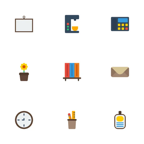 Flat Icons Watch, Whiteboard, Espresso Machine e outros elementos vetoriais. Conjunto de símbolos de ícones planos de espaço de trabalho também inclui estante, identificação, objetos de estante . —  Vetores de Stock