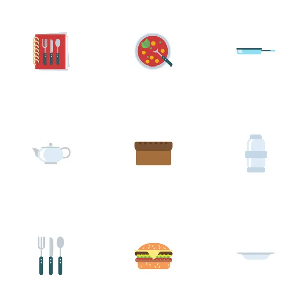 Bouillon d'icônes plates, restauration rapide, plat et autres éléments vectoriels. Ensemble de symboles plats d'icônes de nourriture comprend également la vaisselle, la nourriture, les objets de boulangerie . — Image vectorielle