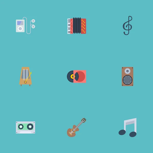Lapos ikonok szalag, akusztikus, hang, szimbólum és egyéb vektoros elemek. Studio Flat ikonok szimbólumok is tartalmaz játékos, hangjegykulcs, zenei tárgyak. — Stock Vector