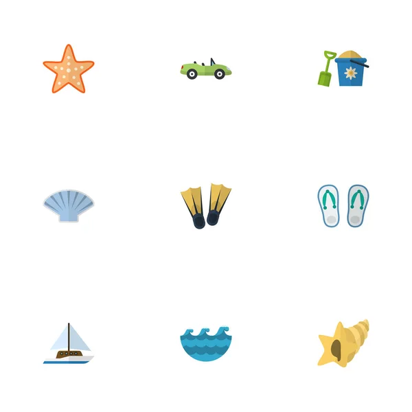 Ícones planos Mar, Carro, Shell e outros elementos vetoriais. Conjunto de símbolos de ícones planos de praia também inclui flip, iate, objetos de carro . — Vetor de Stock
