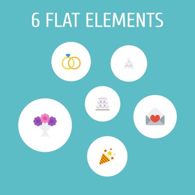 Düz simgeler nişan, gelinlik, pastane ve diğer vektör öğeleri. Düz simgeleri simgeleri düğün kümesi de içerir kart, Pastane, buket nesneleri.