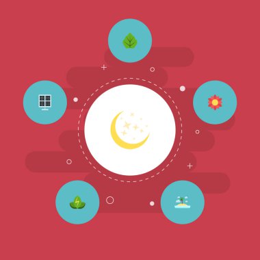 Düz simgeler Isle Beach, eko enerji, çiçek ve diğer vektör öğeleri. Doğa düz simgeler simge kümesi de içerir güneş, ay, çiçek nesneleri.