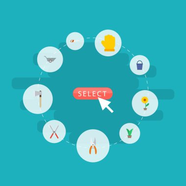 Düz simgeler lateks, el arabası, balta ve diğer vektör öğeleri. Bahçe düz simgeler simge kümesi de Pot, kova, makas nesneleri içerir.