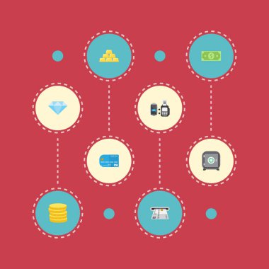 Düz simgeleri küçük değişiklik, külçe, vezne makinesi ve diğer vektör öğeleri. Finans düz simgeler simge kümesi de Doları, güvenli, banka nesneleri içerir.