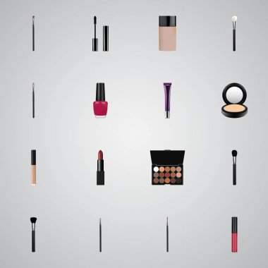 Gerçekçi sıvı ruj, allık, pomad ve diğer vektör öğeleri. Kozmetik gerçekçi simgeler kümesi de içerir göz farı, maskara, allık nesneleri.