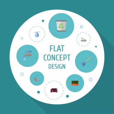 Düz simgeler Aqua, Besom, musluk ve diğer vektör öğeleri. Hijyen düz simgeler simge kümesi de nesneleri silerek dokunun, süpürge, içerir.