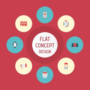 Düz simgeler megafon, dergi, konferans salonu ve diğer vektör öğeleri. Düz simgeleri simgeleri pazarlama seti de içerir insanlar, mobil, günlük nesneler.