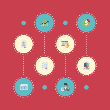 Düz simgeler son tarih, sayfası, pasta Bar ve diğer vektör öğeleri. Muhasebe düz simgeler simge kümesi de Yasası, muhasebeci, Circle nesneleri içerir.