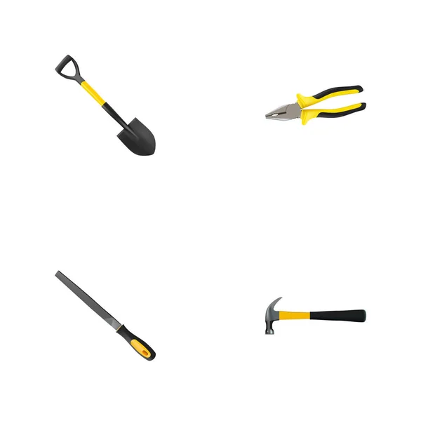 Alicates realistas, sacapuntas, espadas y otros elementos vectoriales. Conjunto de herramientas Símbolos realistas también incluye alicates, espadas, objetos de martillo . — Vector de stock