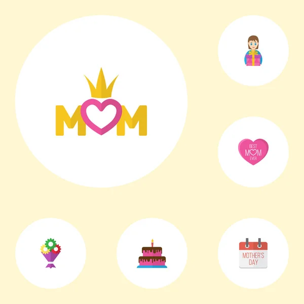 Diseño plano del diseño del icono del día de las madres felices con los símbolos de la flor, del día especial y de la reina. Precioso mamá hermoso diseño femenino para social, Web e imprimir . — Vector de stock