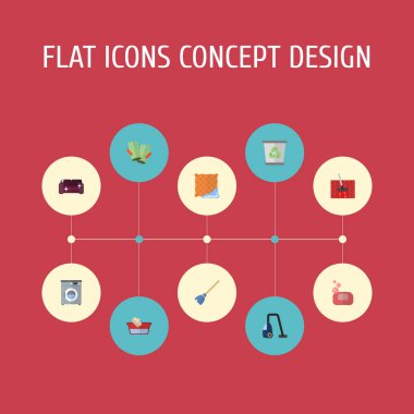 Düz simgeler Sweeper, çamaşırhanede, Besom ve diğer vektör öğeleri. Yıkama, vakum, nesneleri temizlik hijyen düz simgeler simge kümesi de içerir.