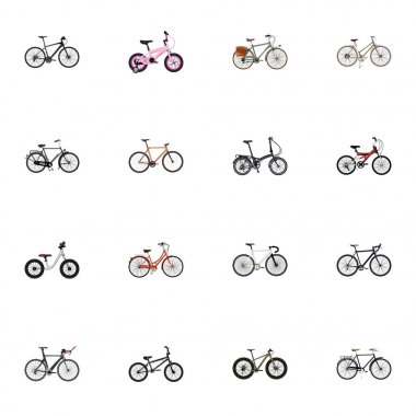 Gerçekçi yol hız, spor döngüsü, çocuksu ve diğer vektör öğeleri katlanır. Bisiklet gerçekçi simgeler kümesi de Retro, Cyclocross, denge nesneleri içerir.