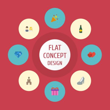 Düz simgeler oluşturma, çift, aşk ve diğer vektör öğeleri. Evlilik düz simgeler simge kümesi de şampanya, parlak, mevcut nesneleri içerir.