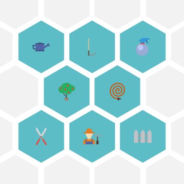 Düz simgeler püskürtülen ilaç şişe, sulama olabilir, yeşil ahşap ve diğer vektör öğeleri. Bahçe düz simgeler simge kümesi de üretici, çilek, eskrim nesneleri içerir.