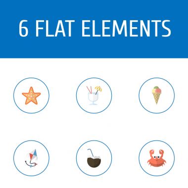 Düz simgeler sorbe, Cocos, içki ve diğer vektör öğeleri. Beach düz simgeler simge kümesi de oyuncak, denizyıldızı, Yengeç nesneleri içerir.