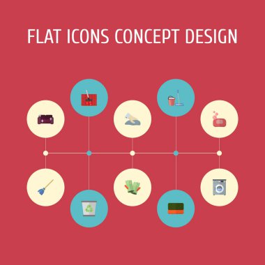 Düz simgeler dayağı, çamaşırhanede, köpük ve diğer vektör öğeleri. Düz simgeleri simgeleri temizlik seti de depo gözü, köpük, eldiven nesneleri içerir.