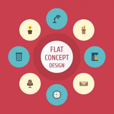 Düz simgeler kalem sahibi, izle, Espresso makinesi ve diğer vektör öğeleri. Büro düz simgeler simge kümesi de zarf, posta, sandalye nesneleri içerir.