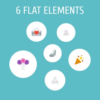 Düz simgeler maytap, gelinlik, Sandal vektör öğeleri. Evlilik düz simgeler simge kümesi de gelin, davet, Ayakkabı nesneleri içerir.