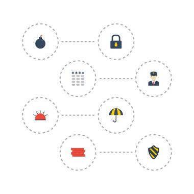 Düz simgeler kalkan, patlayıcı, Siren ve diğer vektör öğeleri. Emanet düz simgeler simge kümesi de şemsiye, koruma, çit nesneleri içerir.