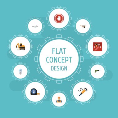 Düz simgeler ampul, traktör, rulo metre ve diğer vektör öğeleri. Ayrıca el arabası, ölçü birimi, sıhhi tesisat nesneleri içeren küme sanayi düz simgeleri simgeleri.