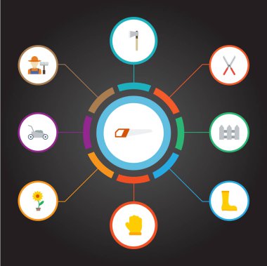 Düz simgeler lateks, çim biçme makinesi, makas ve diğer vektör öğeleri. Tarım düz simgeler simge kümesi de eldiven, Hedge, budayıcı nesneleri içerir.