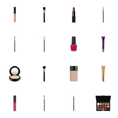 Gerçekçi çok renkli palet, makyaj ürünü, pomad ve diğer vektör öğeleri. Yağlıboya gerçekçi simgeler kümesi de göz, çok renkli, kapatıcı nesneleri içerir.