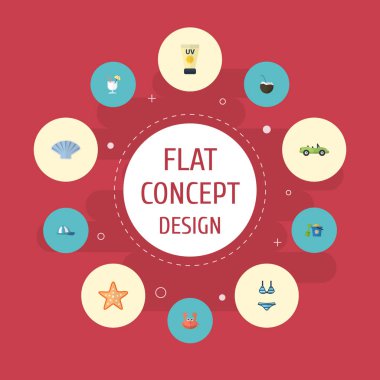 Düz simgeler Beachwear, deniz yıldızı, içki ve diğer vektör öğeleri. Düz simgeleri simgeleri de kokteyl, Yengeç, ıstakoz nesneleri içerir Sezon dizi.