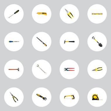 Gerçekçi pense, kerpeten, pençe ve diğer vektör öğeleri. Aletleri gerçekçi simgeler kümesi de ölçü birimi, silindir, çekiç nesneleri içerir.