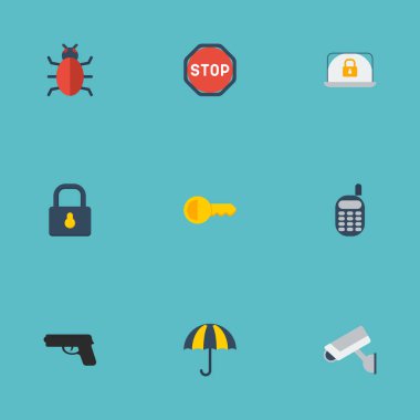 Düz simgeler telsiz, kilit, kamera ve diğer vektör öğeleri. Düz simgeleri simgeleri tedarik kümesi de içerir silah, şemsiye, oranı nesneleri.