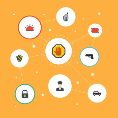 Düz simgeler zırhlı araç, silah, tuğla duvar ve diğer vektör öğeleri. Emanet düz simgeler simge kümesi de içerir polis, güvenli, güvenlik nesneleri.