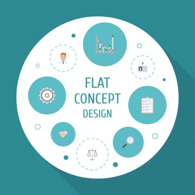 Düz simgeler el sıkışma, kimlik kartı, karikatür vektör öğeleri. Ticaret düz simgeler simge kümesi de ağırlık, Zoom, iş nesneleri içerir.