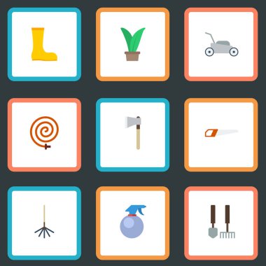 Düz simgeler balta, lastik çizme, bahçe hortumu ve diğer vektör öğeleri. Bahçe Bitkileri düz simgeler simge kümesi de araçları, Gumboots, demir testeresi nesneleri içerir.