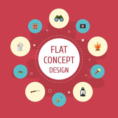 Düz simgeler yangın, hayatımı kurtardın, silah ve diğer vektör öğeleri. Kamp düz simgeler simge kümesi de yelek, göğüs, silah nesneleri içerir.