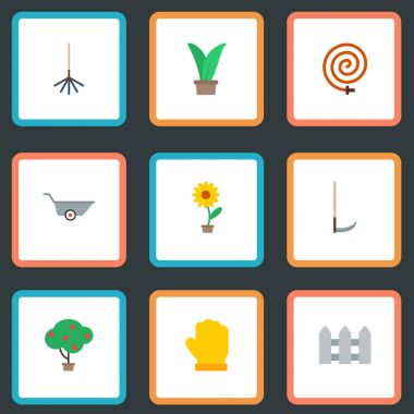 Düz simgeler bitki, çit, kesici ve diğer vektör öğeleri. Bahçe düz simgeler simge kümesi, ayrıca bitki, çiçek, Hosepipe nesneleri içerir.