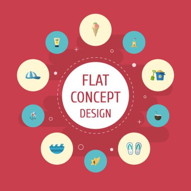 Düz simgeler kürek, sinek, terlik ve diğer vektör öğeleri. Yaz düz simgeler simge kümesi de terlik, deniz, kum nesneleri içerir.