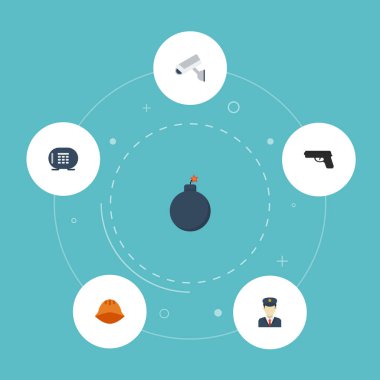 Düz simgeler kask, kasa, silah ve diğer vektör öğeleri. Ayrıca polis, eldiven, işçisi nesneleri içeren küme güvenlik düz simgeleri simgeleri.