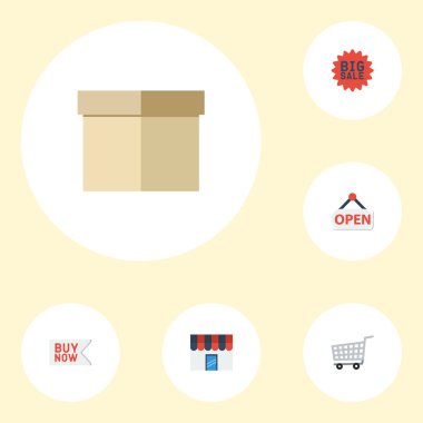 Düz simgeler arabası, büyük bir indirim var, durum ve diğer vektör öğeleri. Mağaza düz simgeler simge kümesi de Dükkanı, şimdi, arabası nesneleri içerir.