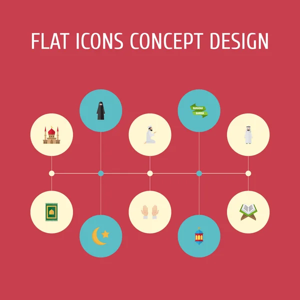 Plat Vector pictogrammen bidden Man, islamitische Lamp, Moslimvrouw en andere elementen. Set van Ramadan plat pictogrammen symbolen bevat ook een Poster, Palm, Kareem objecten. — Stockvector