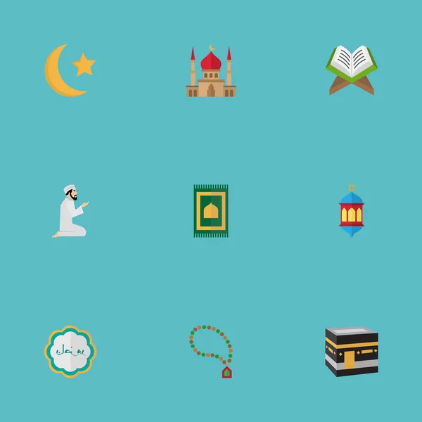 Iconos planos Libro sagrado, lámpara islámica, elementos decorativos y otros vectores. Conjunto de símbolos de iconos planos de Ramadán también incluye libro, linterna, objetos Mekkah . — Vector de stock