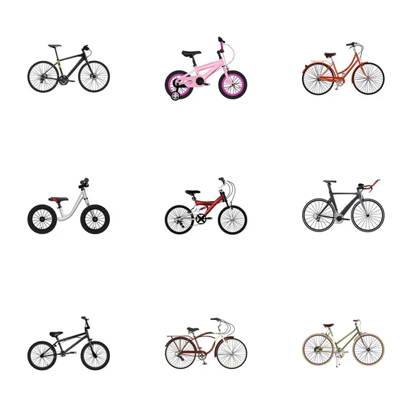 Adolescente realista, para menina, infantil e outros elementos vetoriais. Conjunto de símbolos realistas de bicicleta também inclui bicicleta, equilíbrio, objetos antigos . — Vetor de Stock