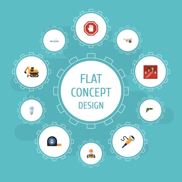 Düz simgeler ampul, traktör, rulo metre ve diğer vektör öğeleri. Ayrıca el arabası, ölçü birimi, sıhhi tesisat nesneleri içeren küme sanayi düz simgeleri simgeleri.